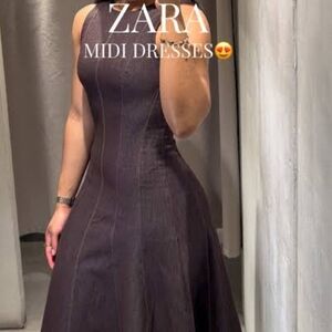NWT Zara Women's Dark Brown Denim Midi Dress With Orange Top Stitching Large